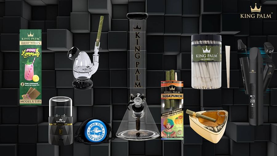 Assortment of cannabis accessories made from glass, ceramic, metal, wood, and bamboo